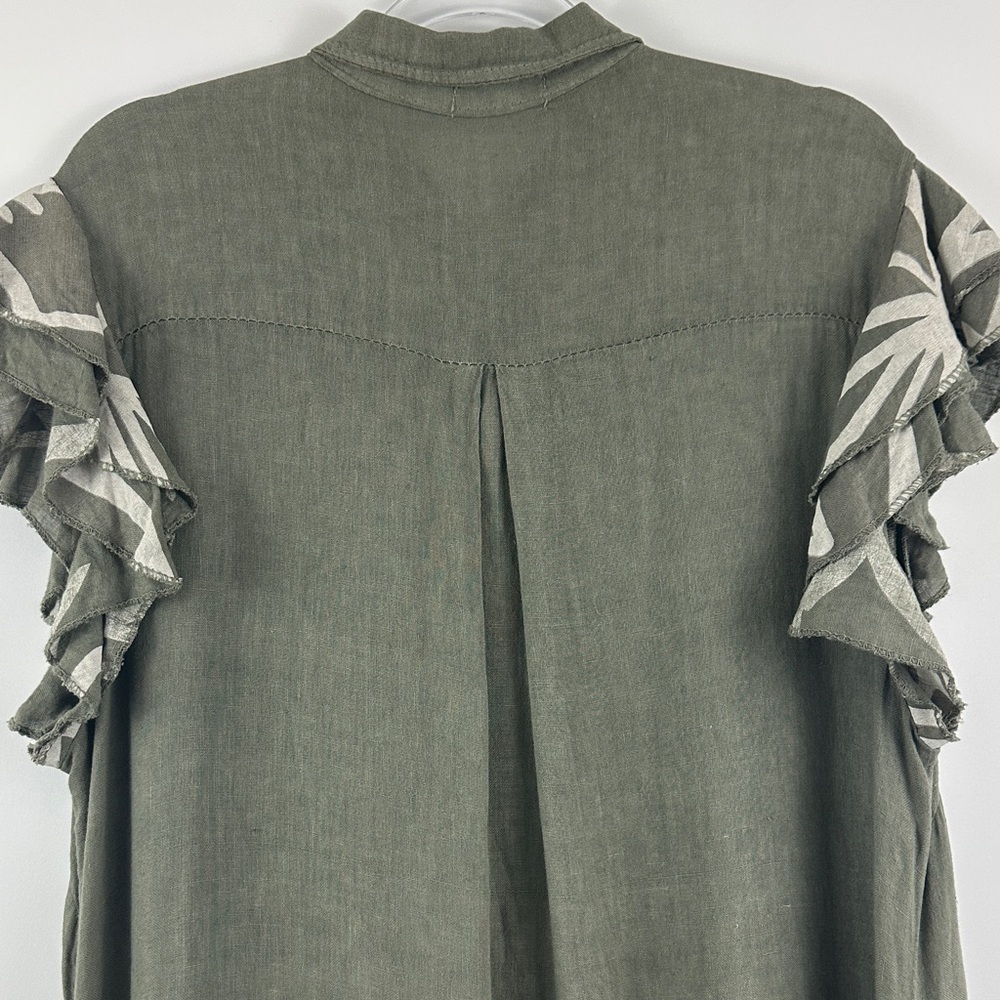 Little Corner Miami 100% Linen Made in Italy Olive Ruffle Button Midi Dress XL - Picture 9 of 11